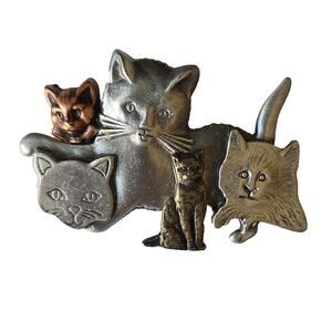 Tri-Color Metal Cat Kitten Kitty Brooch Pin Layered Silver Copper Bronze